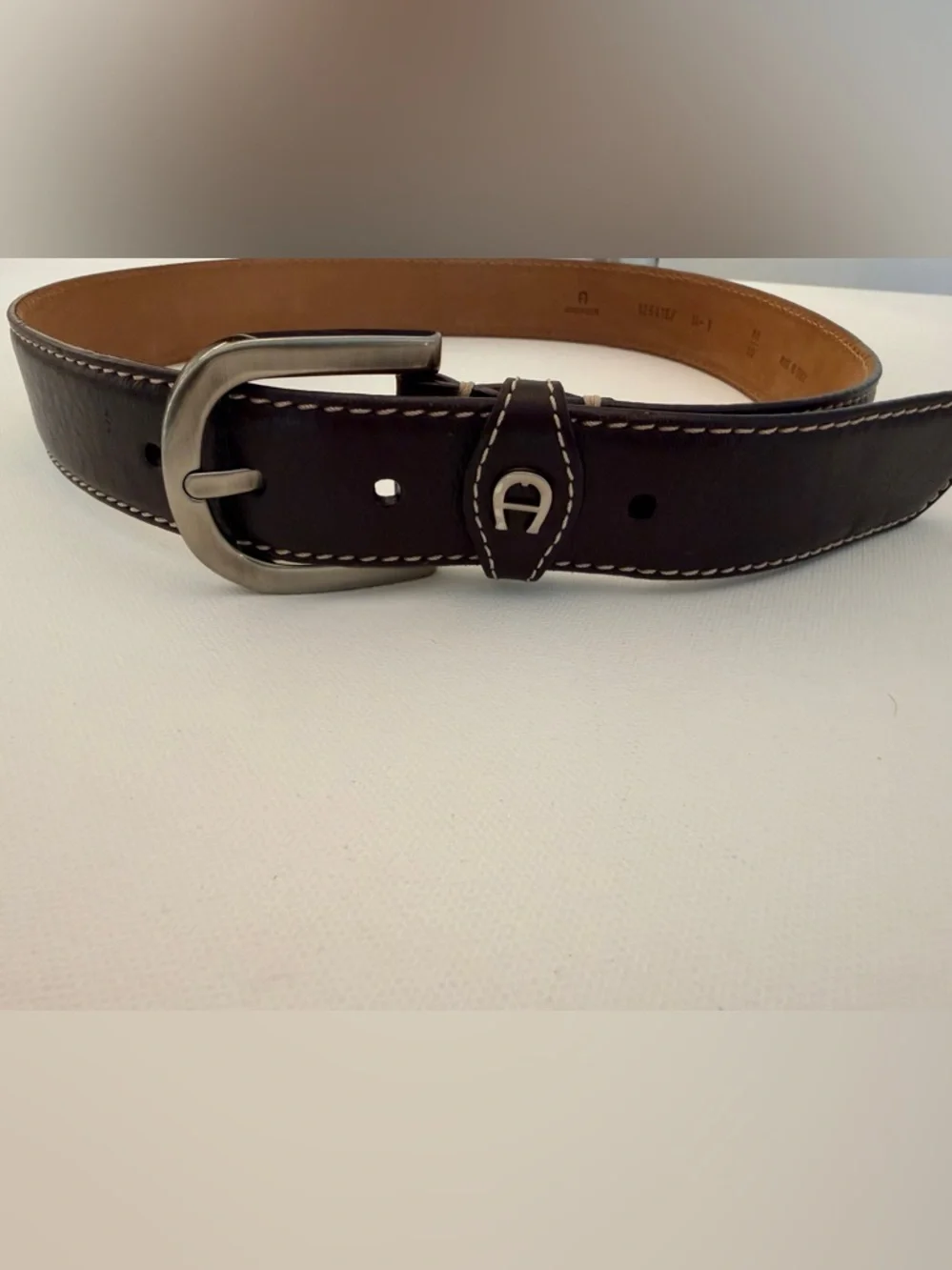 Aigner Leather Belt Brown Logo Buckle Made in Italy Size 32 Classic Stitch